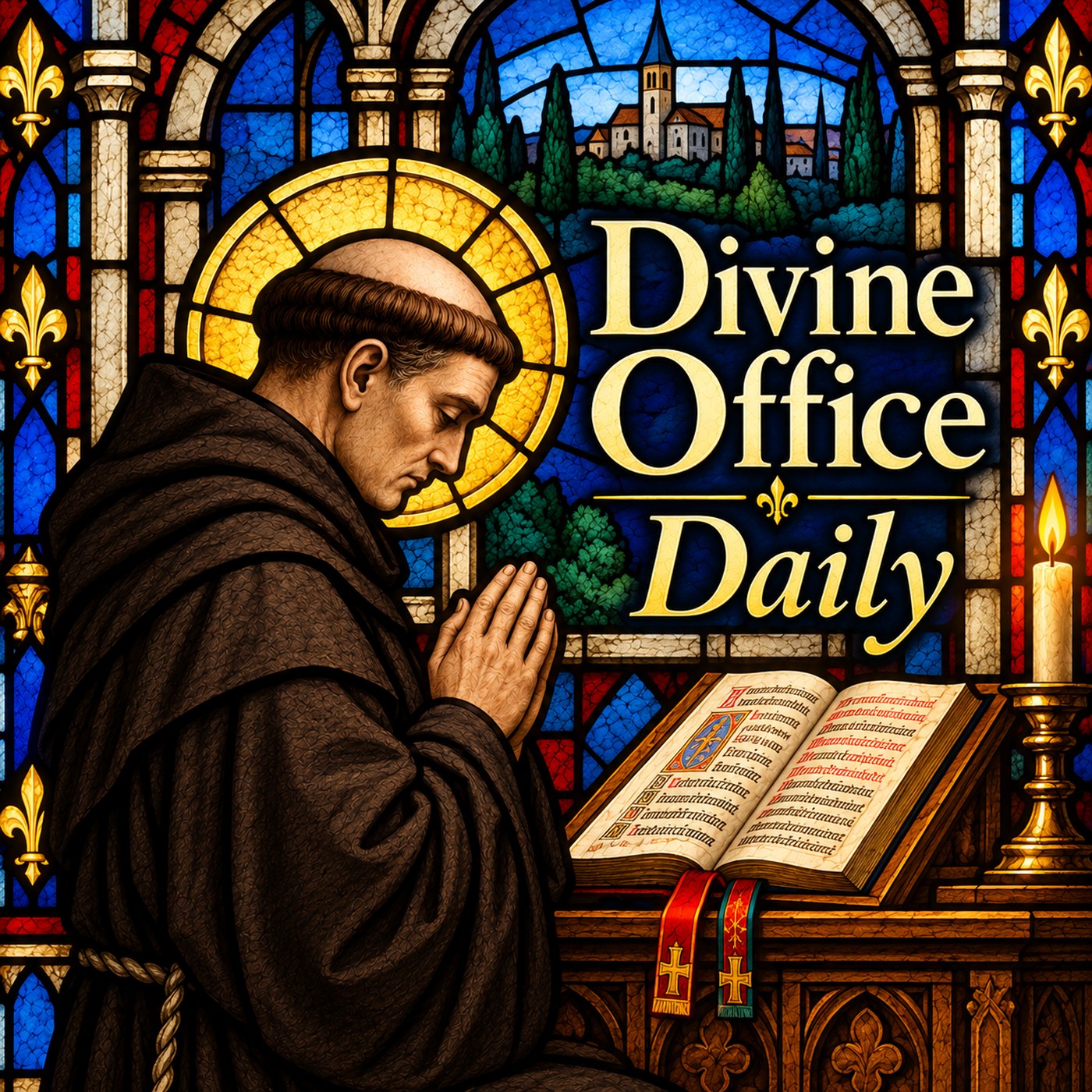 Divine Office Daily: a friar at prayer before a stained-glass window